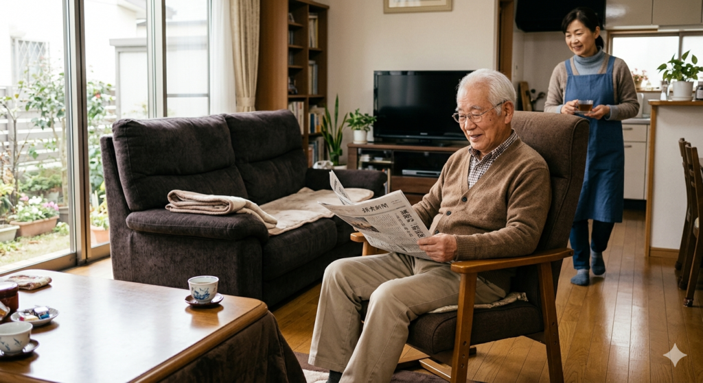 高齢者が高座椅子でくつろぎながら新聞を読んでいる様子