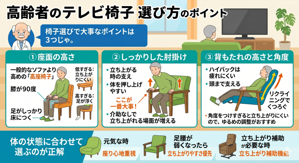 高齢者のテレビ椅子選び方のポイント3つを図解したインフォグラフィック